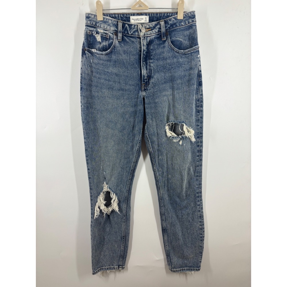 Abercrombie & Fitch High Rise Mom Jeans Distressed Medium Wash 27/4L